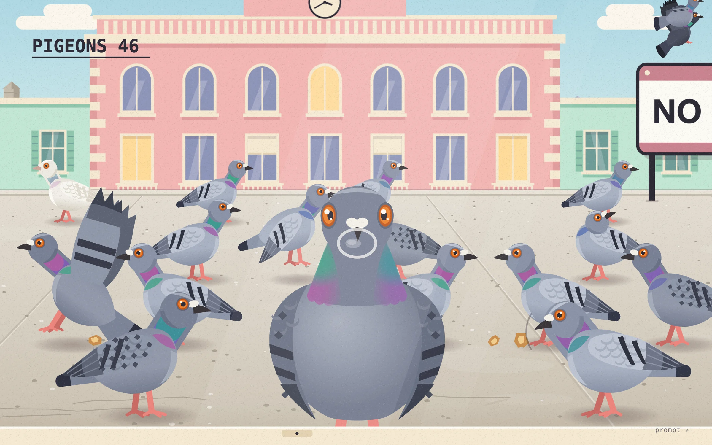 A pigeon presses its face against the window and taps the glass with its beak, while a crowd of pigeons fills the ledge behind it.